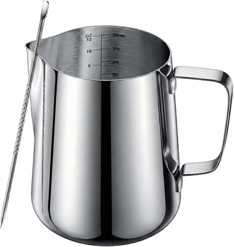 إبريق إزباد الحليب من الفولاذ المقاوم للصدأ سعة 12 أونصة، قياسات على كلا الجانبين، ملحقات ماكينة الإسبريسو، كوب فن اللاتيه بمقبض معزول، إبريق كريمر لتقديم خدمة فردية، بدون تنقيط أو انسكاب in Kuwait