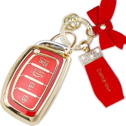 متوافق مع غطاء Hyundai Key Fob مع سلسلة مفاتيح ماسية، متوافق مع Elantra Ioniq Sonata Tucson Elantra GT Smart Key Protector للنساء (4 أزرار-عقدة وردية) in Saudi Arabia