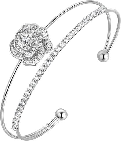 Rose Bracelet with Zircon 18K Gold/Silver Plated Adjustable Cuff Bangle Flower Bracelets Jewelry for Women CB0015 in Saudi Arabia