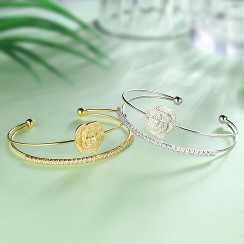 Rose Bracelet with Zircon 18K Gold/Silver Plated Adjustable Cuff Bangle Flower Bracelets Jewelry for Women CB0015 in Saudi Arabia