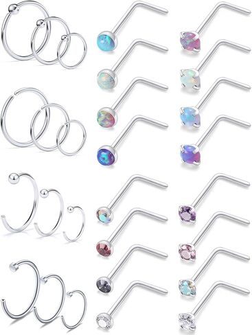 SCERRING 18 Gauge Nose Rings Hoop Stainless Steel Bone L Shaped Screw 1.5-3mm CZ Nose Studs Cartilage Daith Tragus Ear Piercing Ring Hoop Body Jewelry Set 8-28PCS in Saudi Arabia