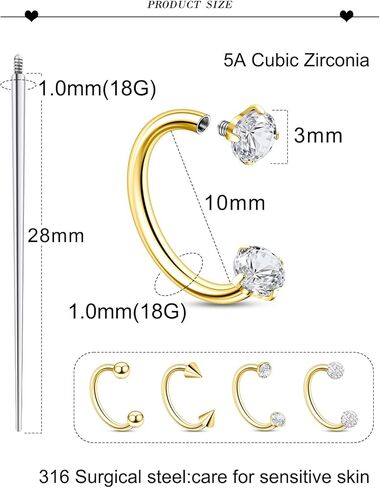 18G 16G 14G Horseshoe Septum Nose Ring Piercing Jewelry Stainless Steel Internal Thread Circular Barbell Daith Rook Earring Snake Bite Lip Ring Piercing Jewelry for Women Silver Black Gold in Saudi Arabia