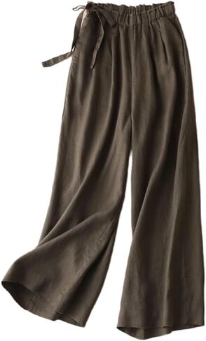 Irsutey Woman Wide Leg Linen Pants High Waist Drawstring Flowy Plain Casual Baggy Trousers Lightweight Summer Pants in Kuwait