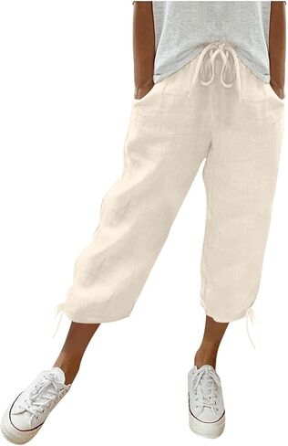 Linen Capri Pants for Women Gaucho Petite Summer Pedal Pushers Capris 2026 Elastic High Waist Wide Leg Crop Trouser in Saudi Arabia