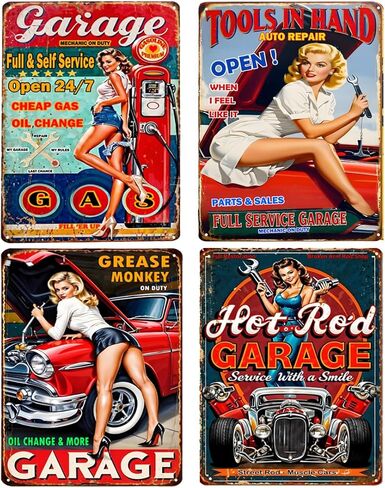 UOOPAI Pin-up Girl Hot Rod Garage Full Service Route 66 Auto Mechanics Mate Vintage Metal Sign Rural Wall Decor Antique Plaque Set of 4 in Saudi Arabia