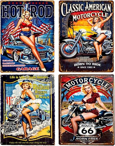 UOOPAI Pin-up Girl Hot Rod Garage Full Service Route 66 Auto Mechanics Mate Vintage Metal Sign Rural Wall Decor Antique Plaque Set of 4 in Saudi Arabia