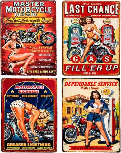 UOOPAI Pin-up Girl Hot Rod Garage Full Service Route 66 Auto Mechanics Mate Vintage Metal Sign Rural Wall Decor Antique Plaque Set of 4 in Saudi Arabia
