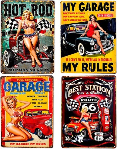 UOOPAI Pin-up Girl Hot Rod Garage Full Service Route 66 Auto Mechanics Mate Vintage Metal Sign Rural Wall Decor Antique Plaque Set of 4 in Saudi Arabia