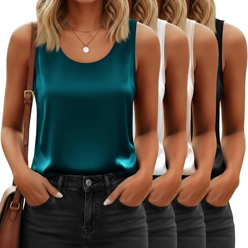4 Pack Women's Silk Satin Tank Top Camisole Sleeveless Work Undershirt Scoop Neck Lightweight Blouse Dressy Shirt in Saudi Arabia