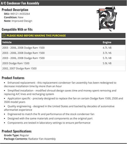 A/C Condenser Fan Assembly - Compatible with 2002-2008 Dodge Ram 1500 in Saudi Arabia