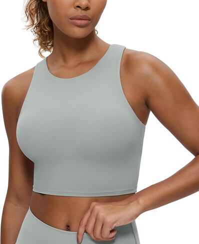 CRZ YOGA Butterluxe High Neck Crop Tank Tops for Women - Racerback Padded Longline Sports Bras Workout Rhino Grey Small in Saudi Arabia