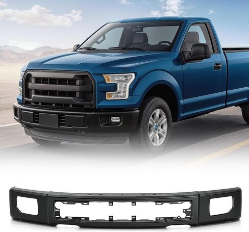 المصد الأمامي VRC متوافق مع 2015 2016 2017 Ford F150 F-150 15-17 بيك اب شاحنة مصد فولاذي أسود مع فتحات ضوء الضباب، FO1002424، مصدات شديدة التحمل من قطعة واحدة (أسود، مع فتحات ضوء الضباب) in Saudi Arabia