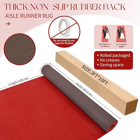 عداء السجاد الأحمر للحفلات 3 × 10 أقدام، ظهر مطاطي سميك للغاية غير قابل للانزلاق، سجادة عداء الممر الأحمر للخطوات، سجادة اللباد للحفلات الراقصة، زينة حفل الزفاف، مناسبة للاستخدام على المدى الطويل - 3 × 10 قدم in Kuwait