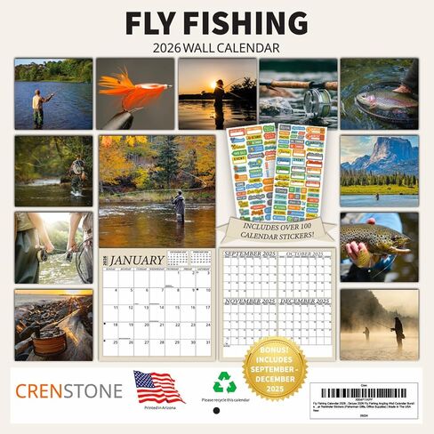 Fishing Calendar 2026 - Fly Fishing Outdoors 2026 Wall Calendar, Includes 100+ Reminder Stickers | 12" x 24" Open | Giftable | Made in The USA in Kuwait