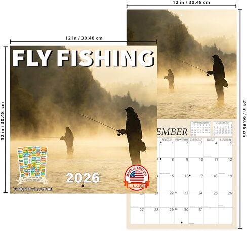 Fishing Calendar 2026 - Fly Fishing Outdoors 2026 Wall Calendar, Includes 100+ Reminder Stickers | 12" x 24" Open | Giftable | Made in The USA in Kuwait
