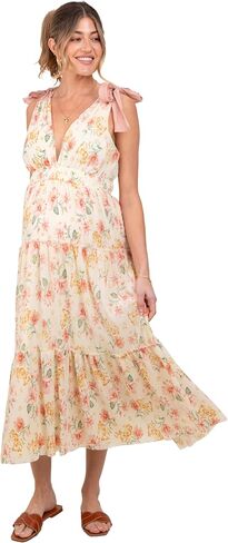 PinkBlush Floral Shoulder Tie Deep V-Neck Tiered Maternity Maxi Dress in Kuwait