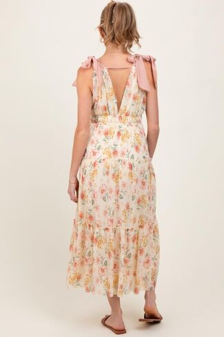 PinkBlush Floral Shoulder Tie Deep V-Neck Tiered Maternity Maxi Dress in Kuwait