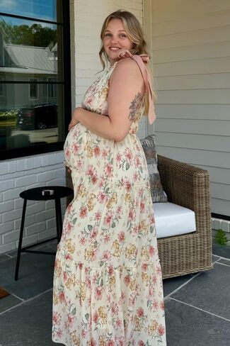 PinkBlush Floral Shoulder Tie Deep V-Neck Tiered Maternity Maxi Dress in Kuwait
