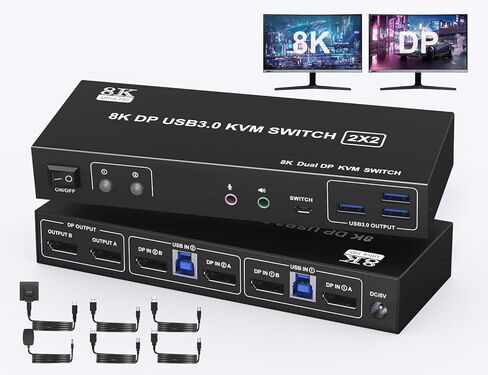 Displayport KVM Switch 2 Monitors 2 Computers with Audio Jack - 8k@60HZ 4K@144Hz Dual Monitor Kvm Switch with 3 USB 3.0 Port Sharing Keyboard Mouse, Included Wired Remote 2 Cables Displayport Switch in Kuwait