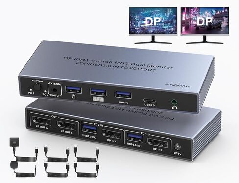 Displayport KVM Switch 2 شاشات 2 جهاز كمبيوتر مع مقبس صوت - 8k @ 60HZ 4K @ 144 هرتز مفتاح KVM بشاشة مزدوجة مع 3 منافذ USB 3.0 ماوس لوحة مفاتيح مشاركة، متضمن جهاز تحكم عن بعد سلكي 2 كابلات Displayport Switch in Saudi Arabia