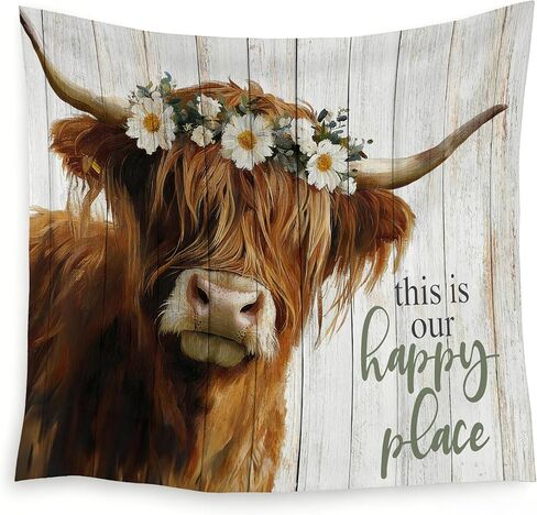 LADOCK Rustic Highland Cow Wall Tapestry, Highland Cow Decor, This Is Our Happy Place Floral Heifer Tapestry Wall Hanging Decor for Home Bedroom Living Room Farmhouse, 50x60 Inch in Kuwait