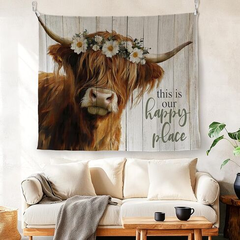 LADOCK Rustic Highland Cow Wall Tapestry, Highland Cow Decor, This Is Our Happy Place Floral Heifer Tapestry Wall Hanging Decor for Home Bedroom Living Room Farmhouse, 50x60 Inch in Kuwait