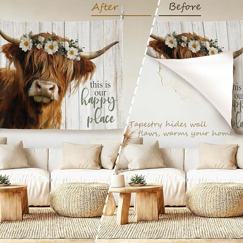 LADOCK Rustic Highland Cow Wall Tapestry, Highland Cow Decor, This Is Our Happy Place Floral Heifer Tapestry Wall Hanging Decor for Home Bedroom Living Room Farmhouse, 50x60 Inch in Kuwait