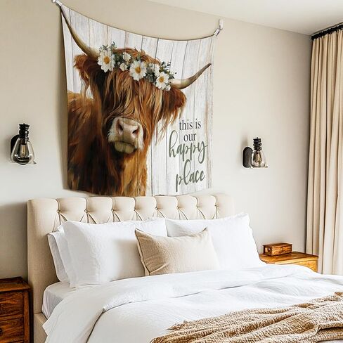 LADOCK Rustic Highland Cow Wall Tapestry, Highland Cow Decor, This Is Our Happy Place Floral Heifer Tapestry Wall Hanging Decor for Home Bedroom Living Room Farmhouse, 50x60 Inch in Kuwait