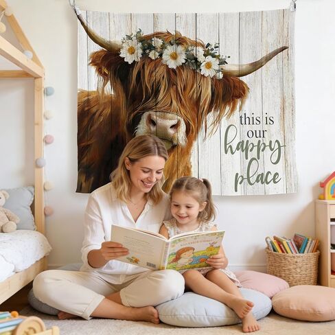 LADOCK Rustic Highland Cow Wall Tapestry, Highland Cow Decor, This Is Our Happy Place Floral Heifer Tapestry Wall Hanging Decor for Home Bedroom Living Room Farmhouse, 50x60 Inch in Kuwait