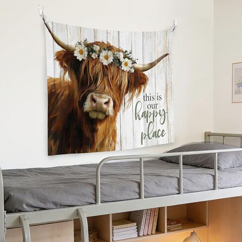 LADOCK Rustic Highland Cow Wall Tapestry, Highland Cow Decor, This Is Our Happy Place Floral Heifer Tapestry Wall Hanging Decor for Home Bedroom Living Room Farmhouse, 50x60 Inch in Kuwait