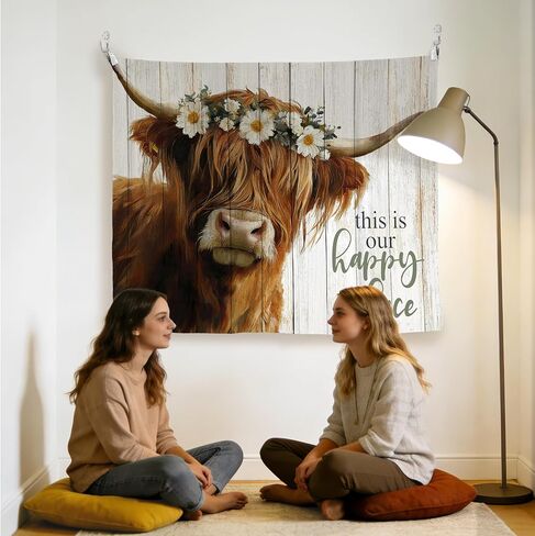 LADOCK Rustic Highland Cow Wall Tapestry, Highland Cow Decor, This Is Our Happy Place Floral Heifer Tapestry Wall Hanging Decor for Home Bedroom Living Room Farmhouse, 50x60 Inch in Kuwait