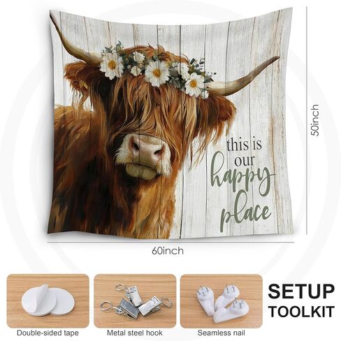 LADOCK Rustic Highland Cow Wall Tapestry, Highland Cow Decor, This Is Our Happy Place Floral Heifer Tapestry Wall Hanging Decor for Home Bedroom Living Room Farmhouse, 50x60 Inch in Kuwait