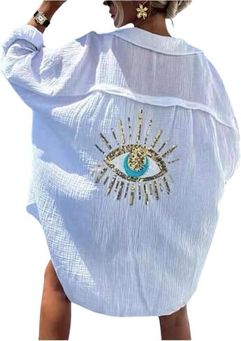 SHENHE Women's Swimsuit Coverups Oversized Sequin Evil Eye Button Down Shirt Dress Beach Cover Ups in Saudi Arabia