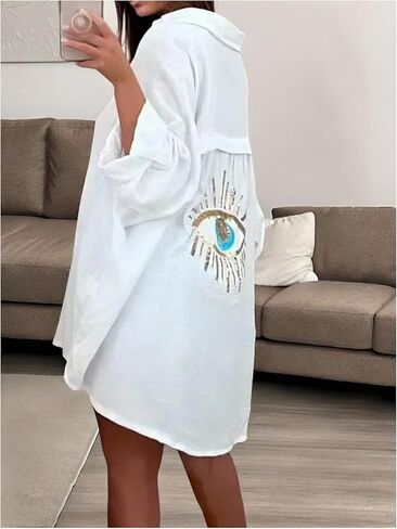 SHENHE Women's Swimsuit Coverups Oversized Sequin Evil Eye Button Down Shirt Dress Beach Cover Ups in Saudi Arabia
