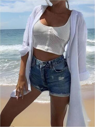 SHENHE Women's Swimsuit Coverups Oversized Sequin Evil Eye Button Down Shirt Dress Beach Cover Ups in Saudi Arabia