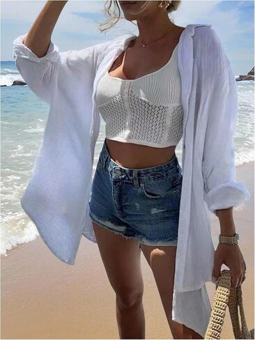 SHENHE Women's Swimsuit Coverups Oversized Sequin Evil Eye Button Down Shirt Dress Beach Cover Ups in Saudi Arabia