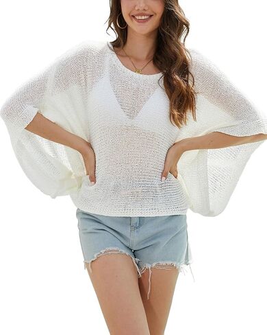 Bsubseach Crochet Swimsuit Coverup for Women Batwing Sleeve Bathing Suit Swimwear Mesh Knit Tops Vacation Outfits in Saudi Arabia