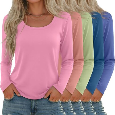 5 Pack Women's Long Sleeve Shirts Scoop Neck Tops Loose Fit Tshirt Pullover Undershirt Basic Fall Layer Casual Tee in Saudi Arabia