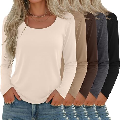 5 Pack Women's Long Sleeve Shirts Scoop Neck Tops Loose Fit Tshirt Pullover Undershirt Basic Fall Layer Casual Tee in Kuwait