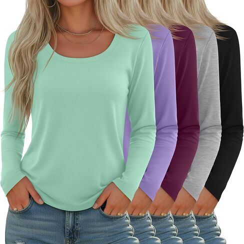 5 Pack Women's Long Sleeve Shirts Scoop Neck Tops Loose Fit Tshirt Pullover Undershirt Basic Fall Layer Casual Tee in Saudi Arabia