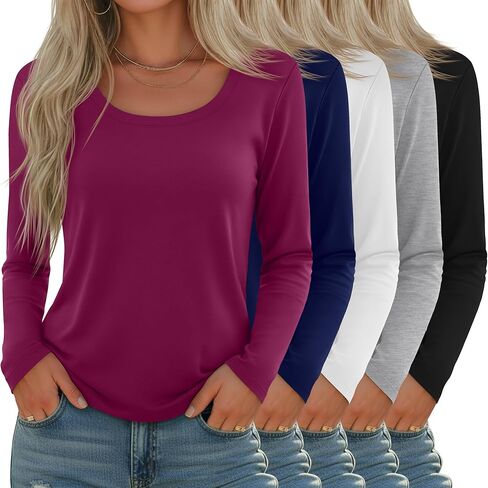 5 Pack Women's Long Sleeve Shirts Scoop Neck Tops Loose Fit Tshirt Pullover Undershirt Basic Fall Layer Casual Tee in Saudi Arabia