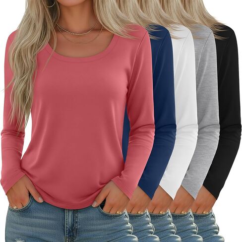 5 Pack Women's Long Sleeve Shirts Scoop Neck Tops Loose Fit Tshirt Pullover Undershirt Basic Fall Layer Casual Tee in Saudi Arabia