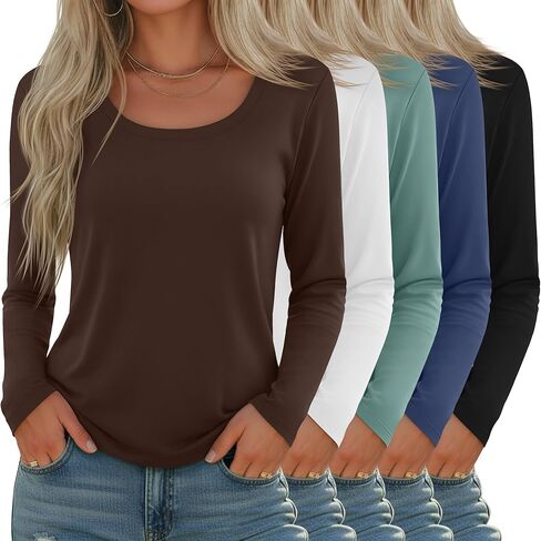 5 Pack Women's Long Sleeve Shirts Scoop Neck Tops Loose Fit Tshirt Pullover Undershirt Basic Fall Layer Casual Tee in Saudi Arabia