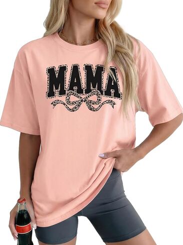 قمصان ماما للنساء كبيرة الحجم مطبوع عليها حروف وأكمام قصيرة ورسومات جرافيك، تي شيرت علوي برقبة دائرية ومطبوع بفيونكة لطيفة وفضفاضة وعصرية للأم in Kuwait