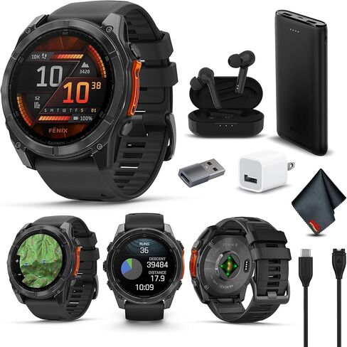 Garmin Fenix 8 51MM Solar Sapphire Multisport GPS Smartwatch Carbon Gray DLC Titanium with Black Gray Silicone Band, Built-in LED Flashlight, Fitness & Health Smart Watch Bundle for Men & Women in Saudi Arabia