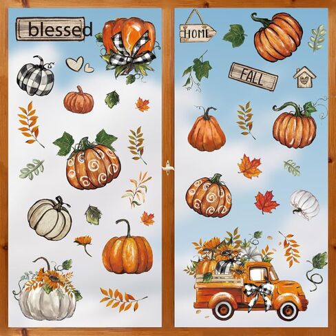 55 PCS Fall Window Cling Sticker, Thanksgiving Autumn Harvest Leaves Pumpkin Truck Sunflower Home Party Supplies Shop Window Glass Display Decoration in Saudi Arabia