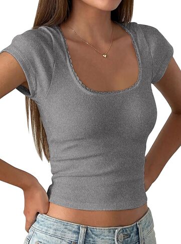 PRETTYGARDEN Women's Short Sleeve Tops 2026 Summer Lace Trim Square Neck Slim Fitted Going Out Basic Tee Shirts Y2K Clothes in Saudi Arabia