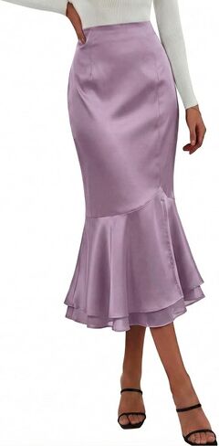 DERAX Womens Satin Midi Mermaid Skirt Silk Bodycon High Waisted Flowy Ruffled Tiered Spring Summer Fishtail Skirts in Kuwait