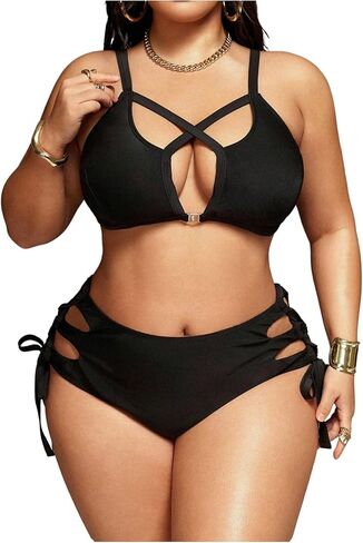 Women's Plus Size 2 Piece Bikini Sets Cut Out High Waisted Swimsuit Side Tie Bathing Suits in Saudi Arabia