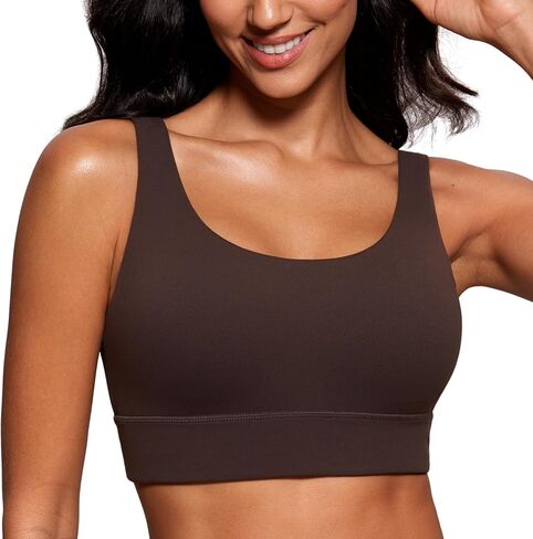 حمالات صدر رياضية طويلة من CRZ YOGA Butterluxe U Back للنساء - بلوزة قصيرة مبطنة لليوجا ومبطنة برقبة واسعة مع وسادات مدمجة، بني فاتح صغير in Saudi Arabia